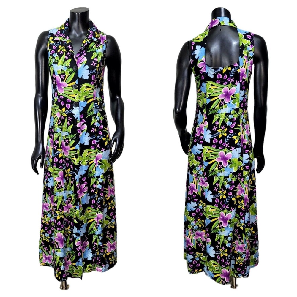 Notations Clothing Co Women Black Tropical Floral Button Front Maxi Dress Size 6